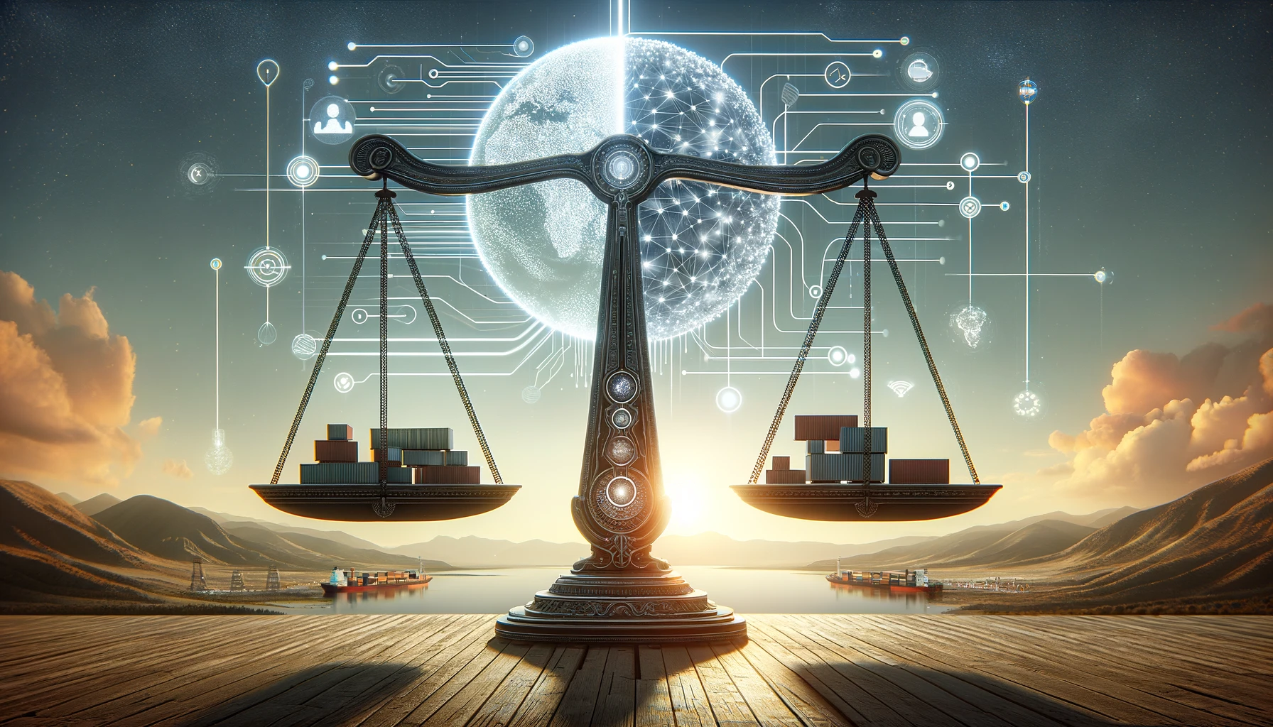 Shipping containers in scales depicting the balance of AI in supply chain and logistics management