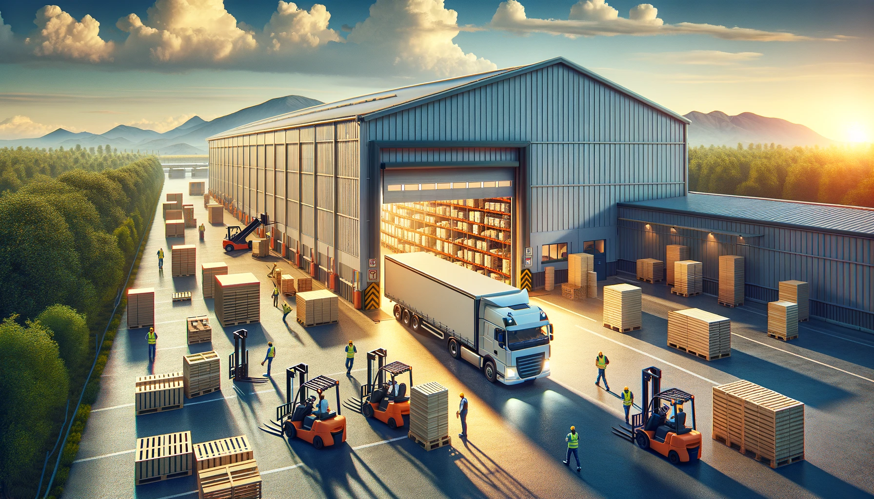 Trucks leaving boxes at a factory