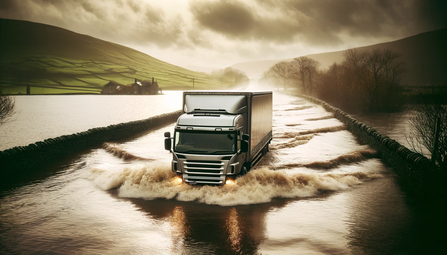 Lorry driving through flooding