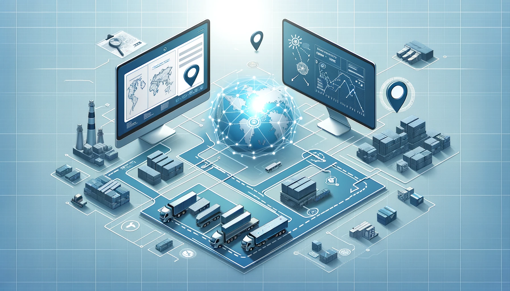 An illustration showing a simplified view of supply chain tracking technology, featuring a GPS map and an RFID tag connected to a digital screen displaying logistics data