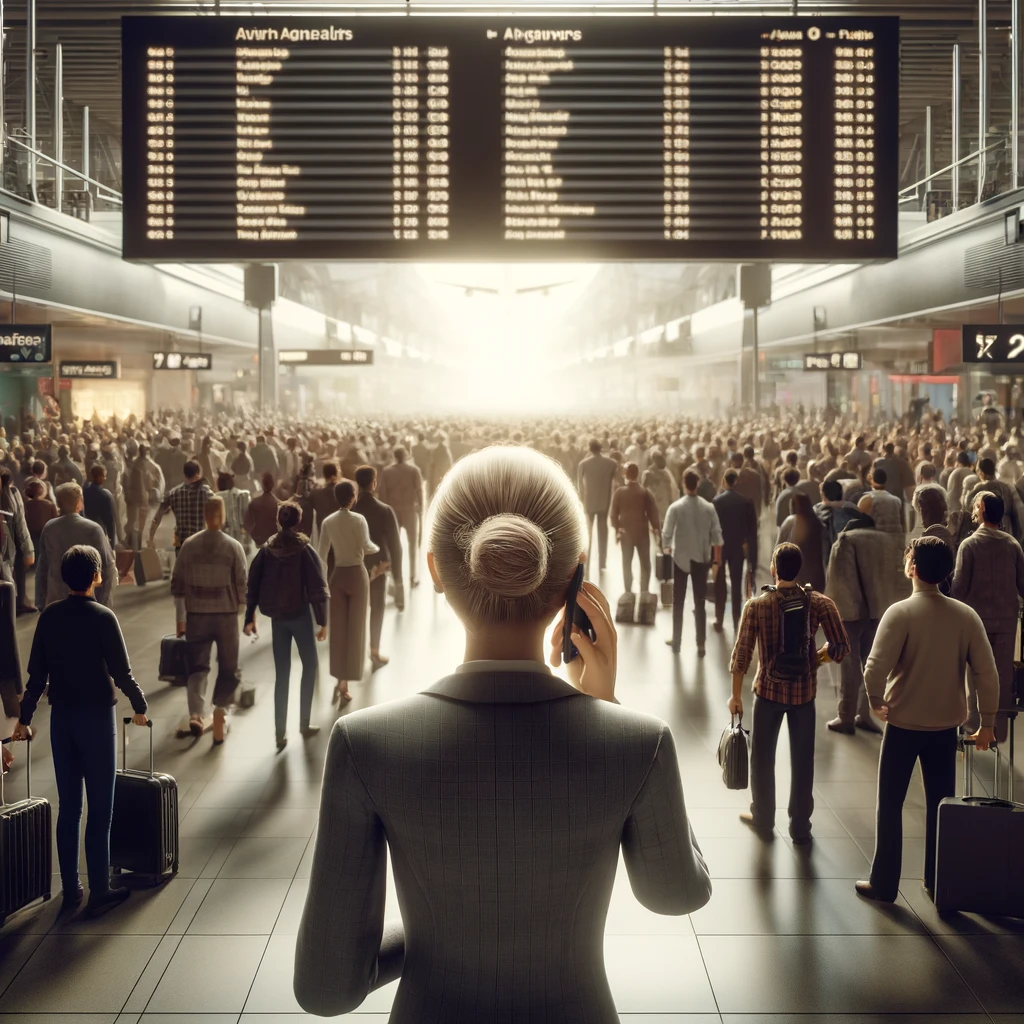 A lady on a phone in an airport re-arranging a flight.