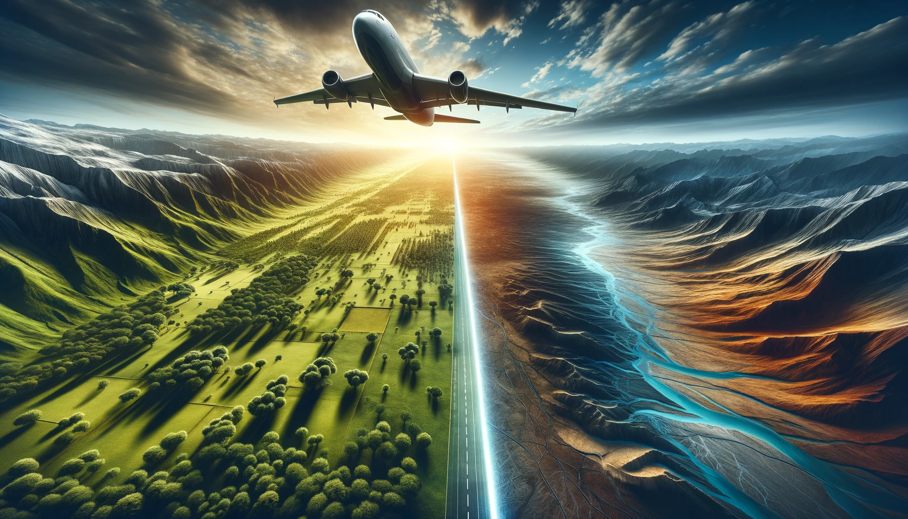 A plane crossing a distinct geographic boundary, showcasing a dramatic contrast between lush greenery and arid terrain.