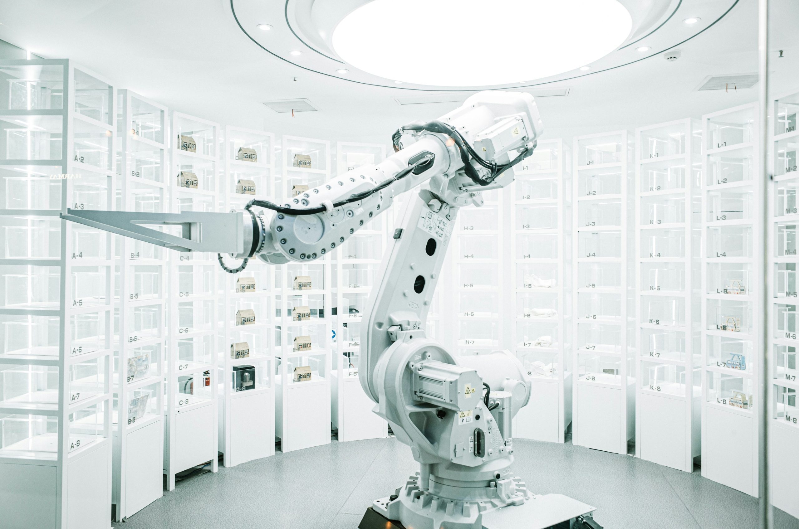 White AI robot in factory.