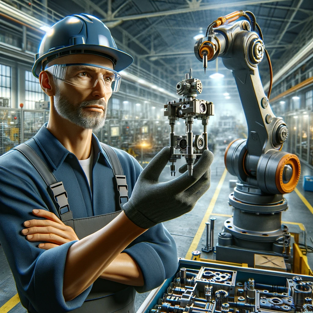 A worker in a hard hat holding up a manufacturing component to a robotic arm in an industrial setting.