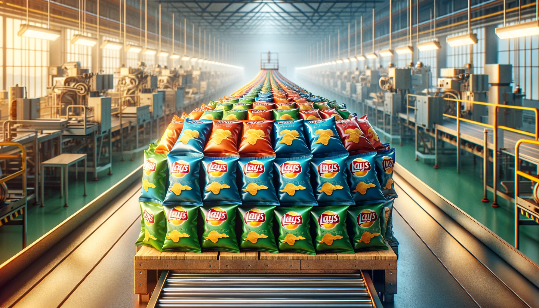 Stacks of crisps packaged in generic, brightly colored bags at the end of an assembly line.