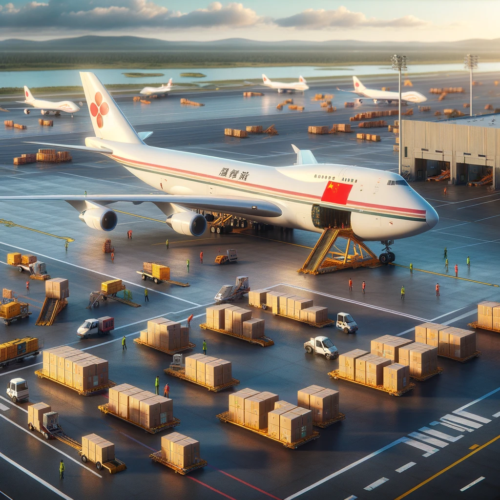 A plane being loaded with boxes in China.